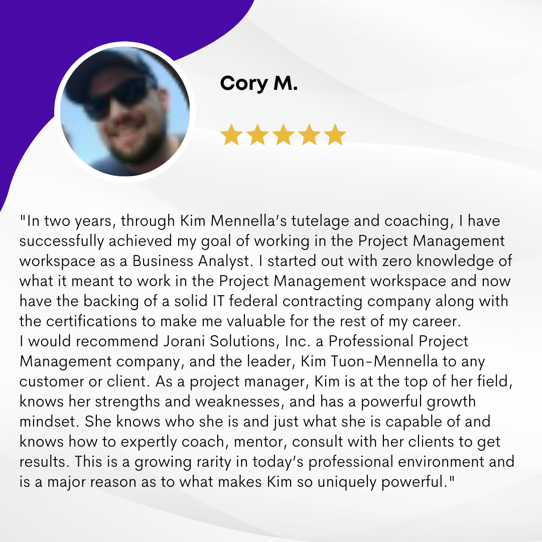 Testimonial for Kim from Cory IT Project Manager Coach Trainer Consultant