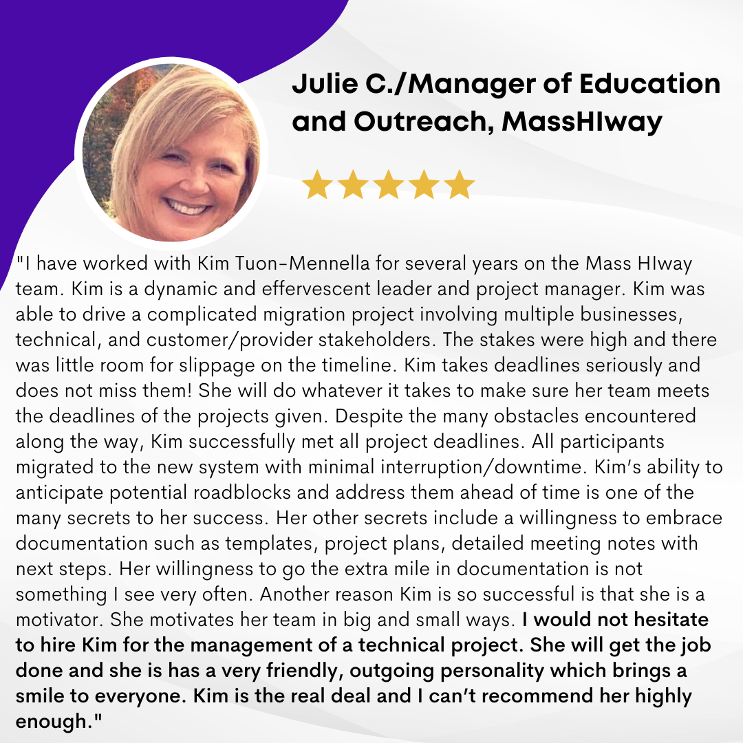 Testimonial for Kim- From Julie  IT Project Manager IT Cloud AWS coach consultant